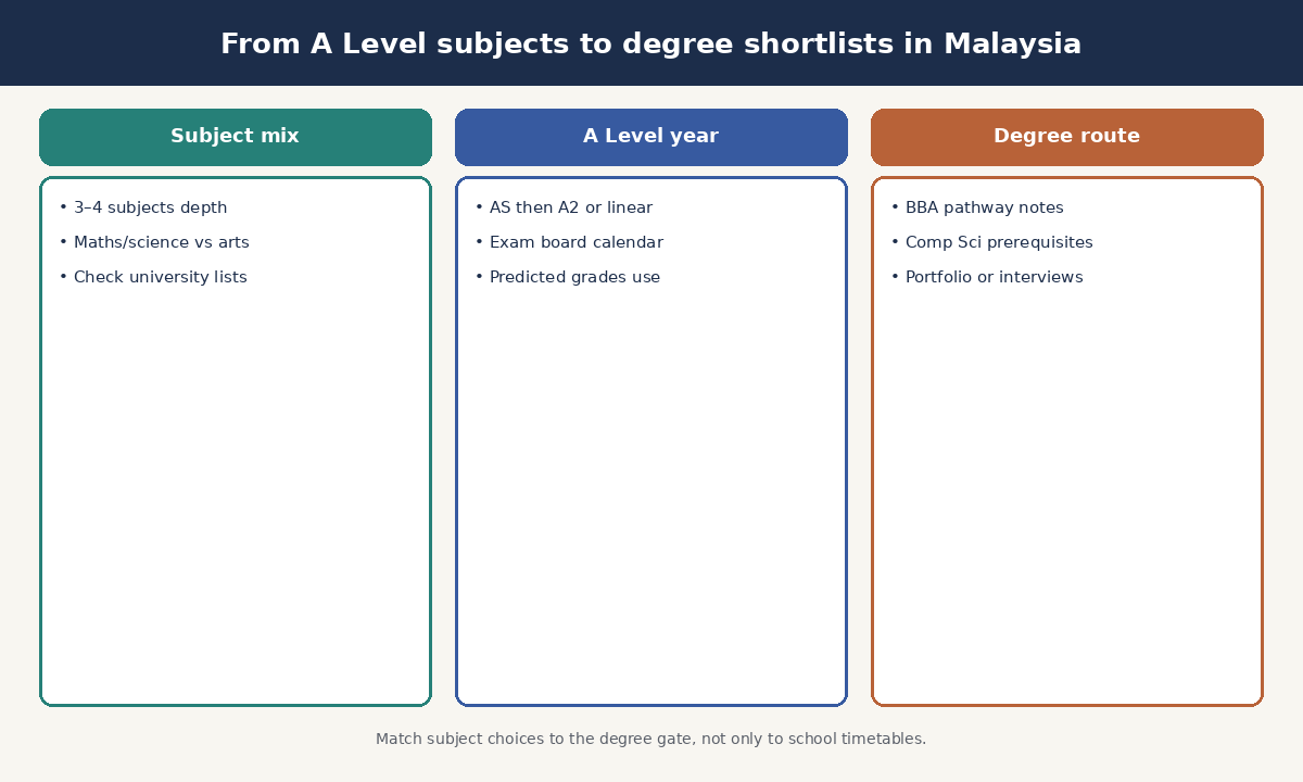 Three-lane diagram linking A Level subject mix exam year and degree pathway choices for Malaysian students