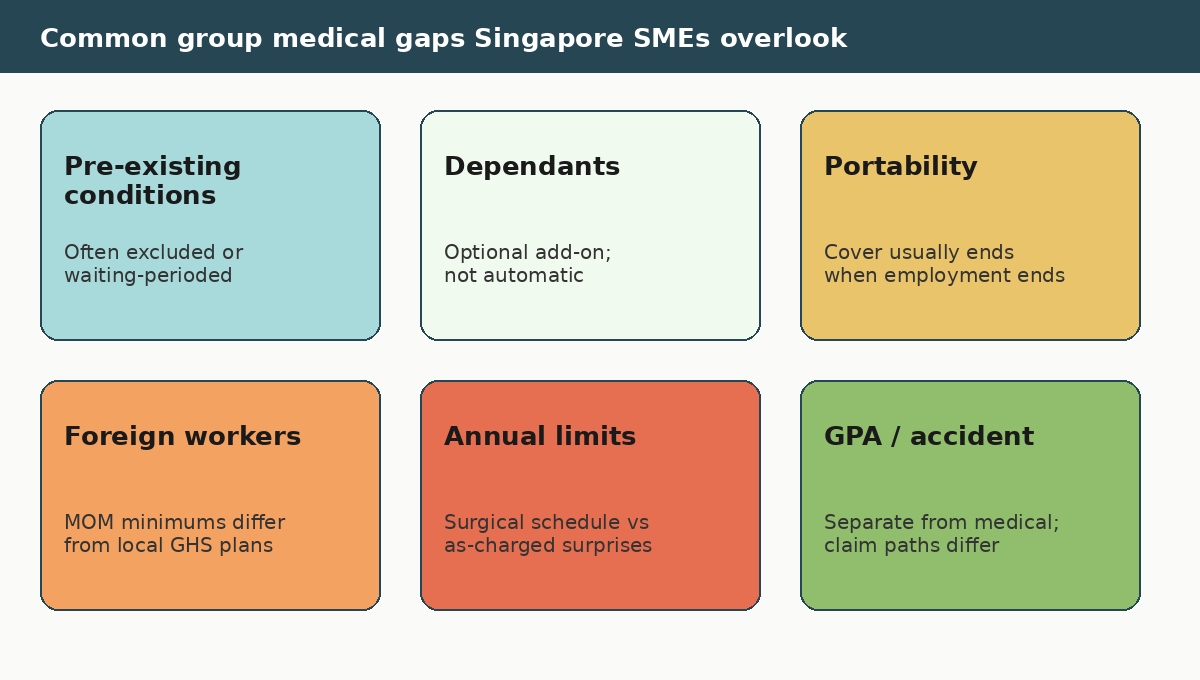 Grid of common Singapore group medical insurance gaps including pre-existing conditions dependants portability foreign workers annual limits and personal accident